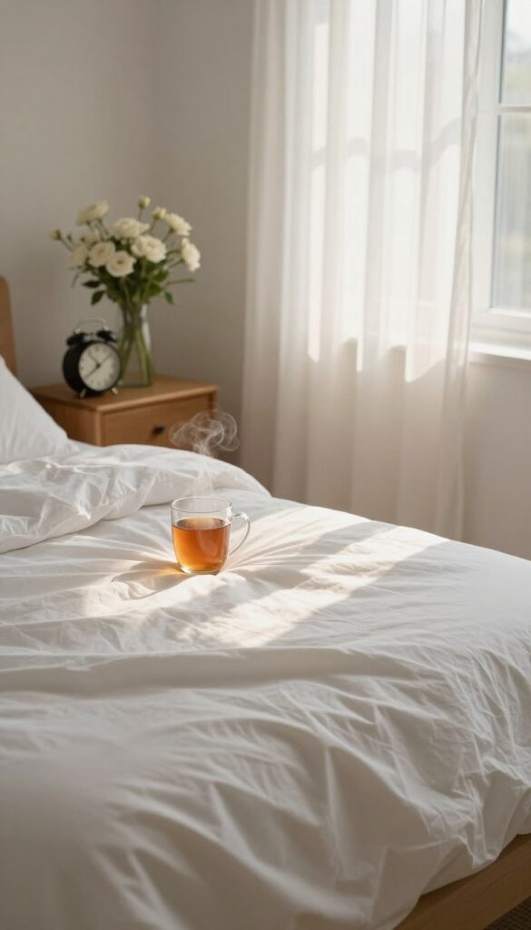 A calm bedroom bathed in morning sunlight with no electronic devices visible, promoting a no-screen morning routine.