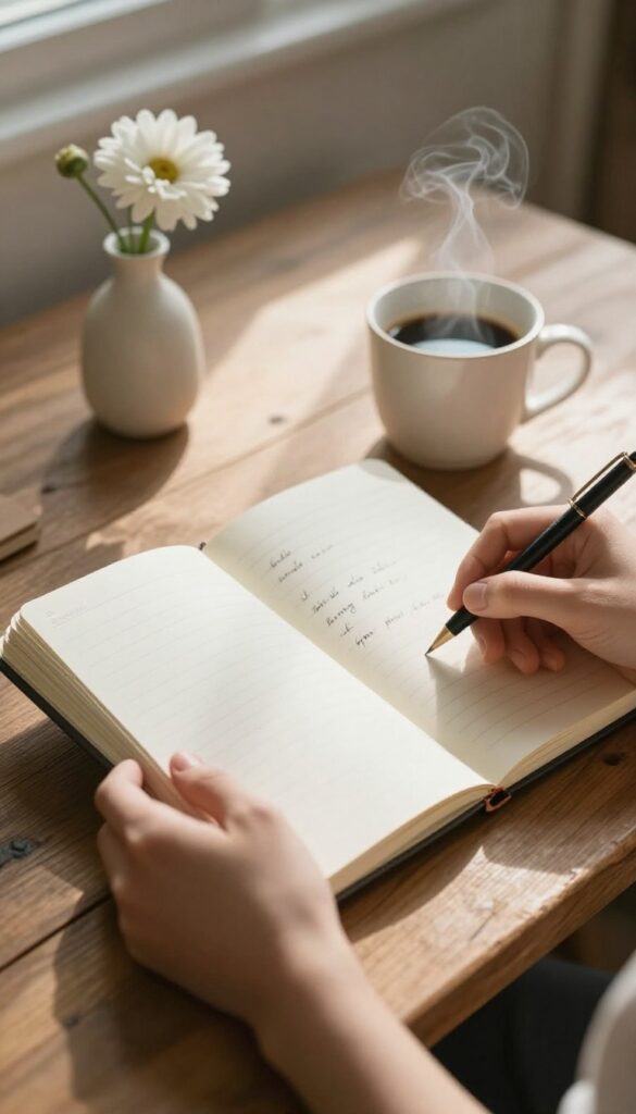 Hands holding a notebook with a coffee mug and flower on a wooden table in warm sunlight, representing a gratitude practice.