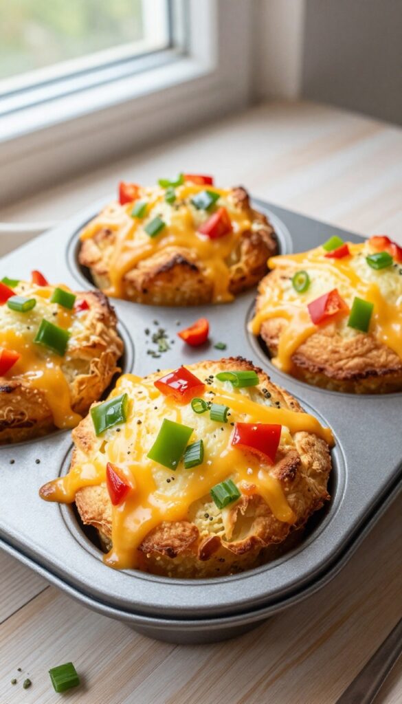 Golden baked egg and cheese breakfast muffin in a muffin tin with melted cheese and diced bell peppers, fresh oregano nearby, natural morning light.