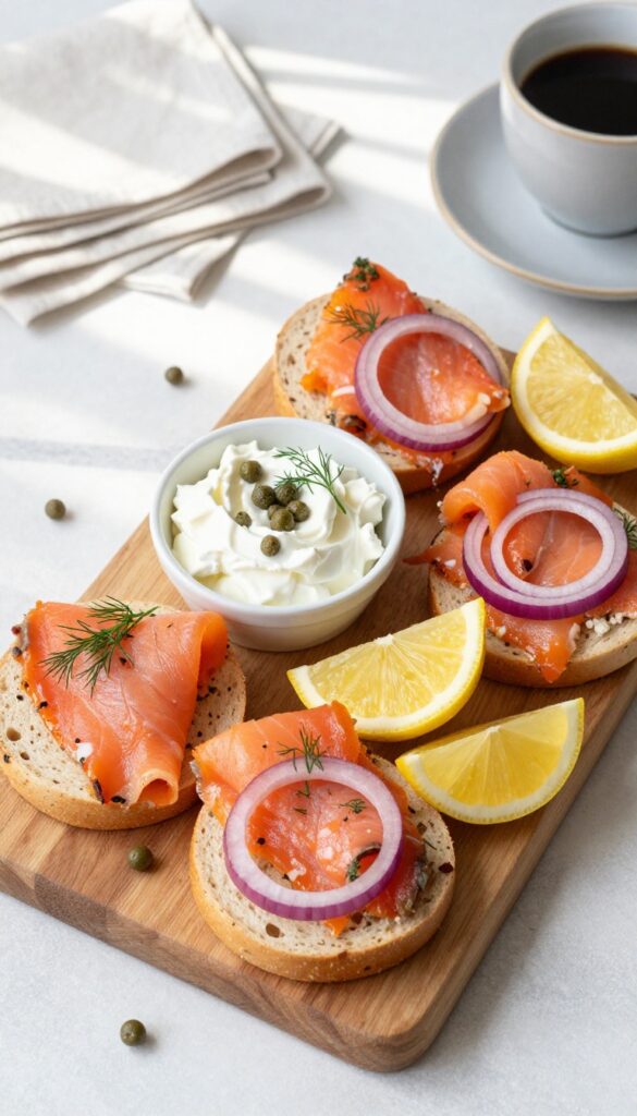 Smoked salmon bagel board with cream cheese, capers, red onion, lemon, and dill on a wooden platter