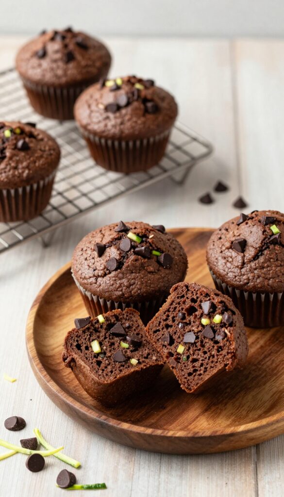 Zucchini chocolate muffins on a wooden plate with visible dark chocolate chips and zucchini flecks, soft natural lighting.