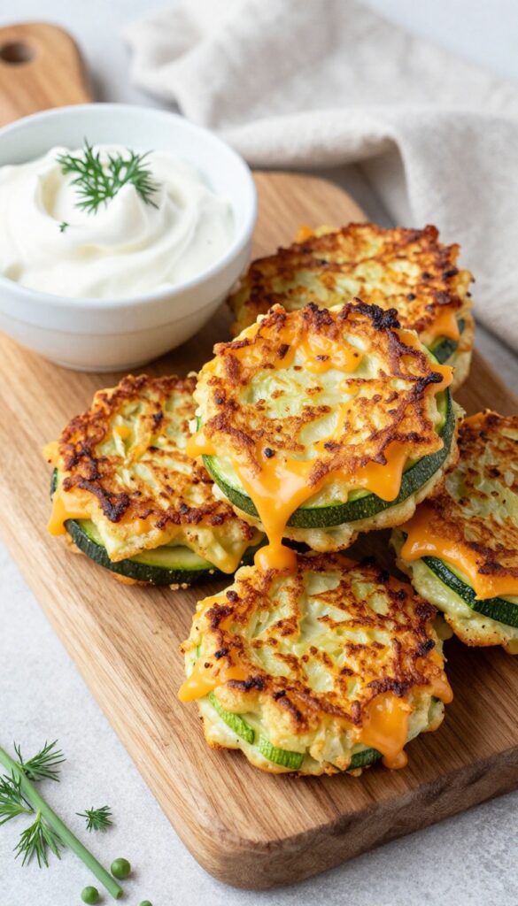 Golden zucchini and cheddar fritters stacked on a wooden board with sour cream dip