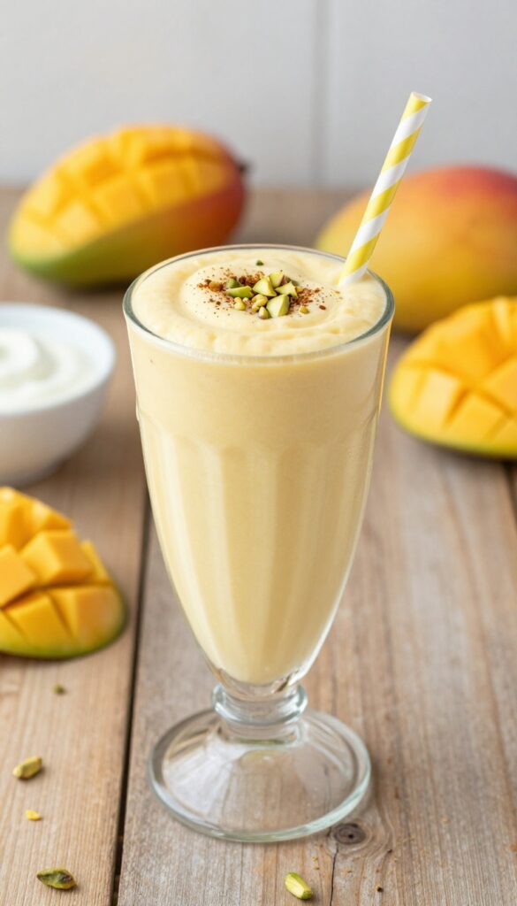 A glass of mango lassi smoothie garnished with cardamom and pistachios, with fresh mangoes and yogurt in the background.