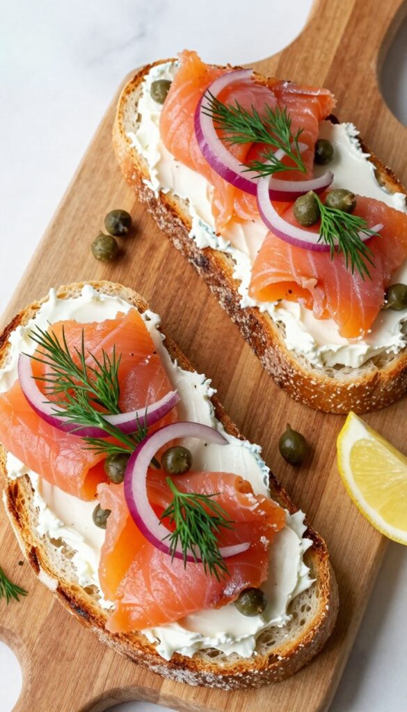Smoked salmon and cream cheese toast on a wooden board with capers, red onion, dill, and lemon wedge