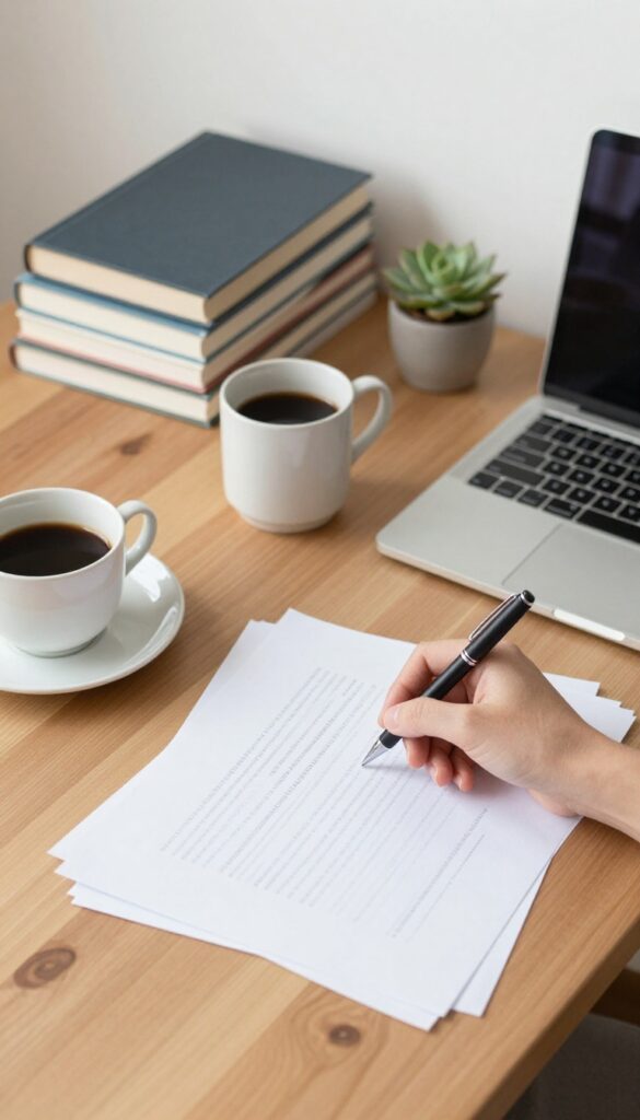 A clean desk corner with organized items and a hand placing a pen in a holder, representing decluttering for mental calm.