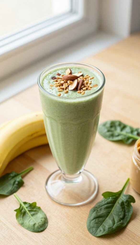 Peanut butter banana green smoothie in a glass with granola and almond topping, ingredients on table