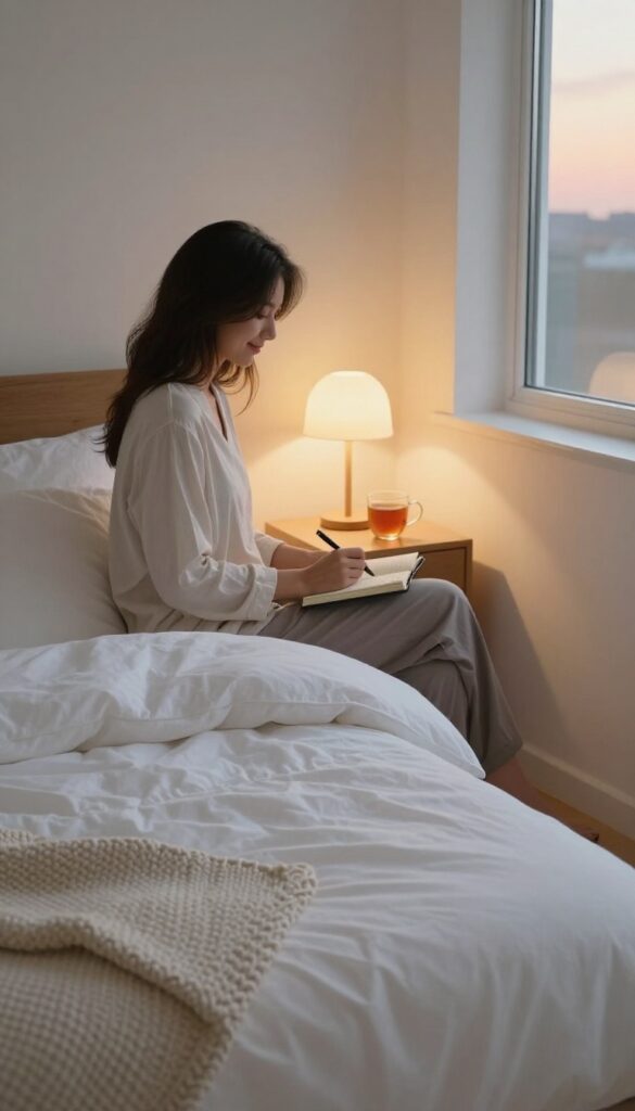 A person in pajamas sitting on a bed at dusk, holding a journal and pen, with a lamp and tea on the nightstand, calm and cozy atmosphere.