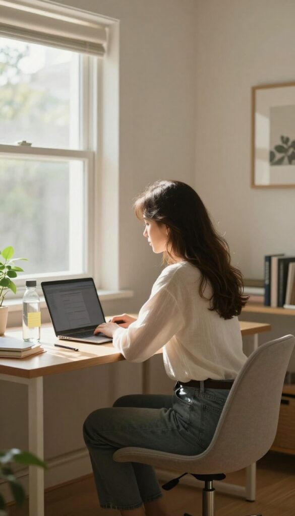 Woman checking her posture at a desk in a bright home office