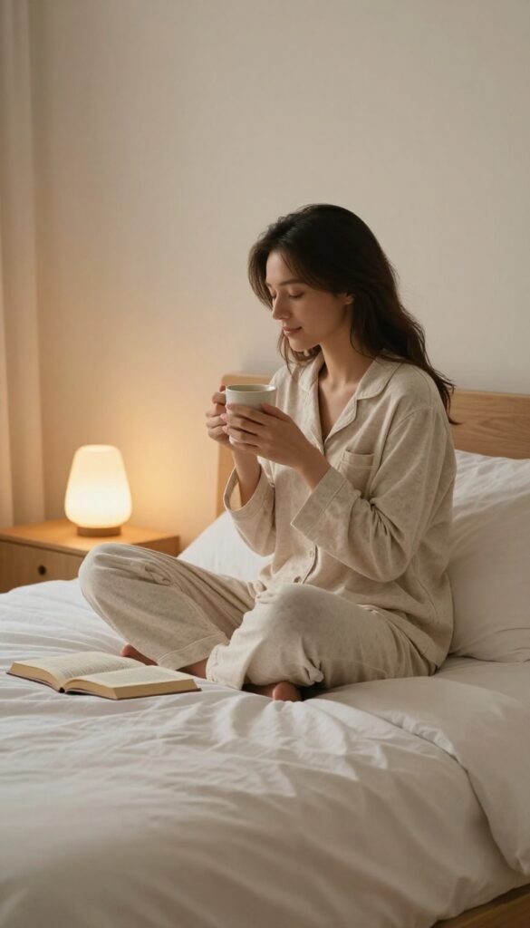 Woman winding down in cozy bedroom with tea and book