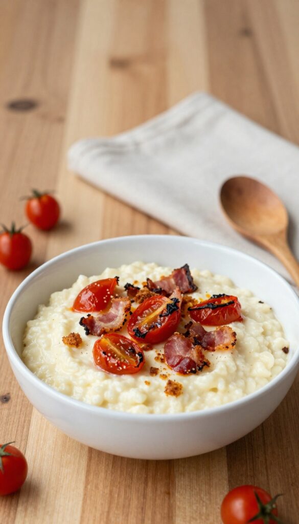 Creamy cheesy grits topped with roasted tomatoes and crispy bacon in a rustic setting