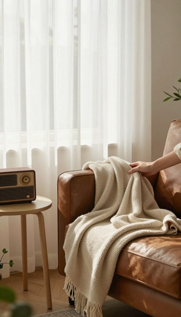 Cozy living room with armchair, radio, and person folding blanket in soft sunlight
