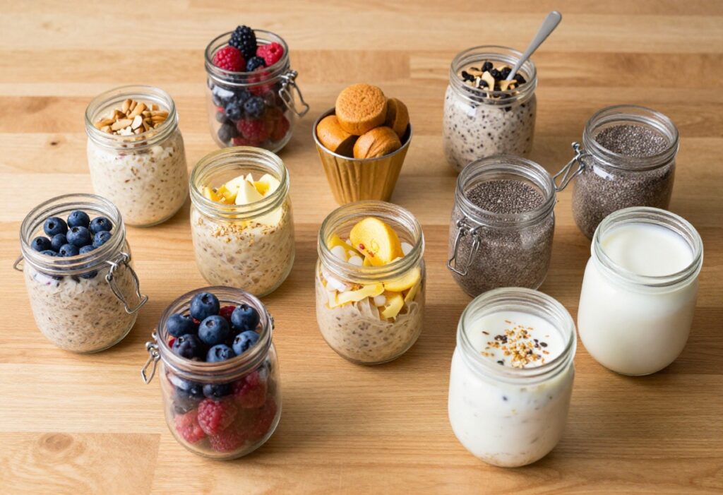 Assorted healthy meal prep breakfast jars and containers on a wooden table