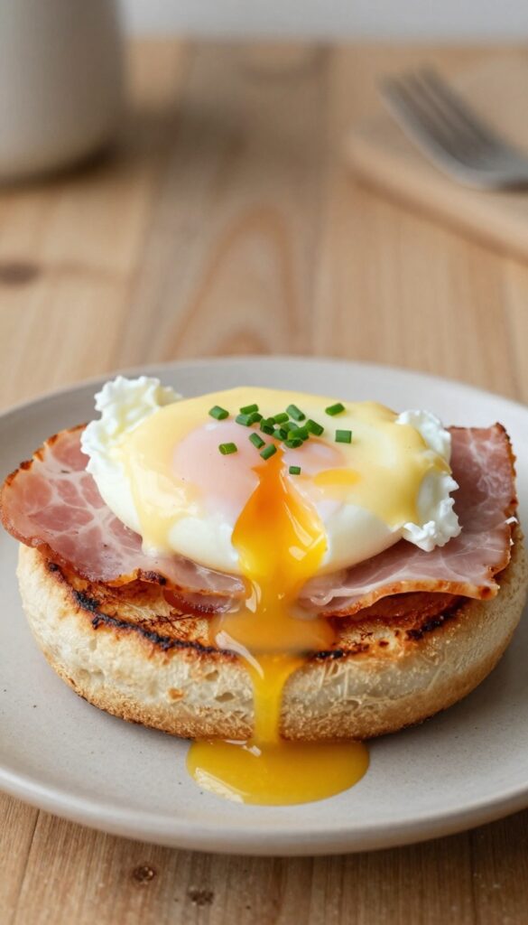English muffin eggs benedict with poached egg, ham, and hollandaise sauce on a plate