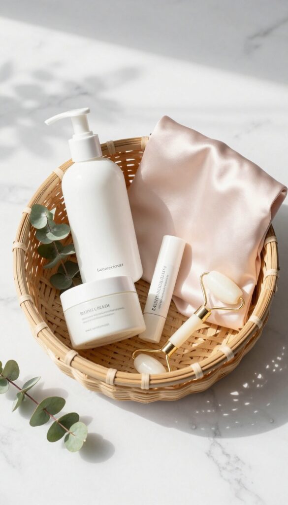Flat lay of a self care basket with skincare essentials like cleanser, moisturizer, lip balm, silk pillowcase, headband, and facial roller on a marble surface.