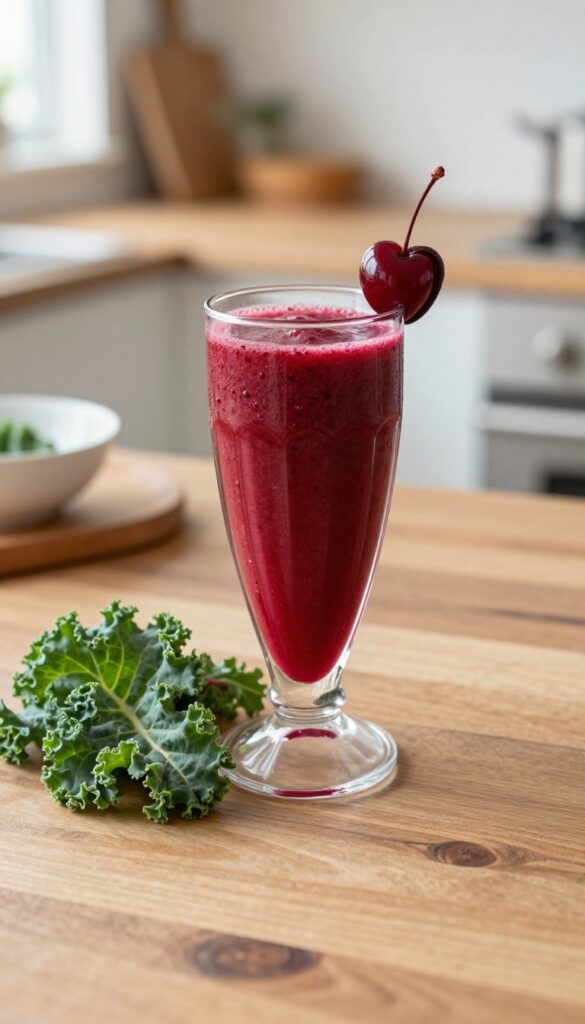 Cherry beet green smoothie in a glass with fresh kale and beet on a wooden table