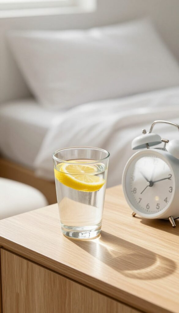 Glass of water with lemon on nightstand in bright morning light