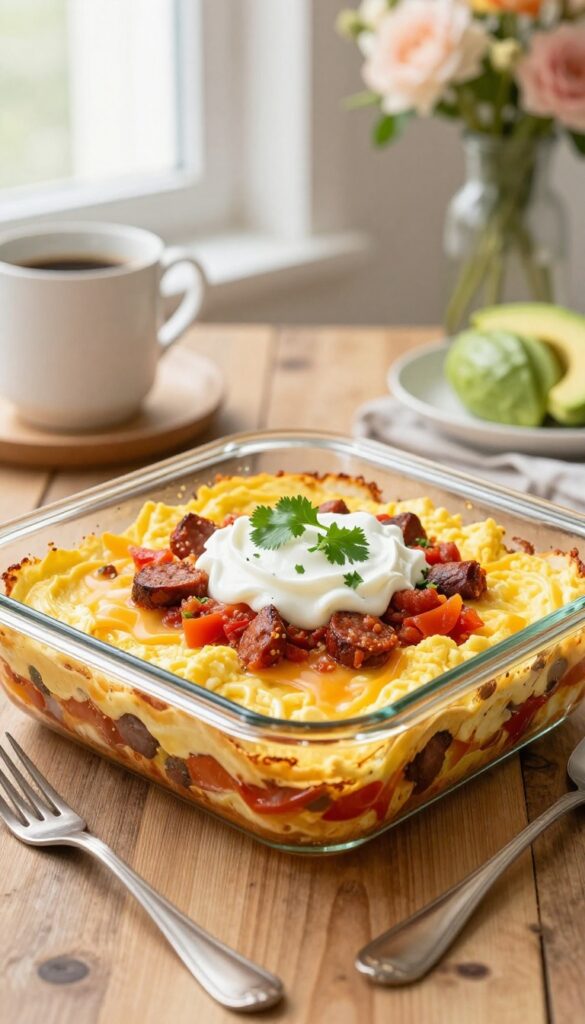 Overnight breakfast burrito casserole with tortilla layers, eggs, cheese, salsa, and toppings
