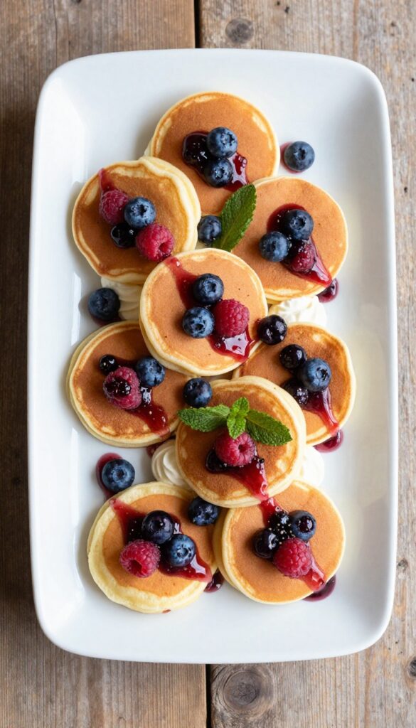 Mini pancake stacks with berry compote on a platter