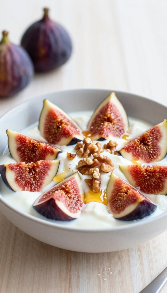 A bowl of Greek yogurt topped with fresh figs, toasted walnuts, and honey drizzle on a wooden table in natural light.