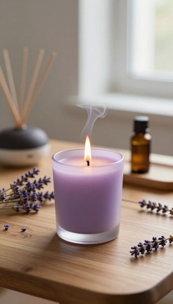 A lit lavender candle and essential oil diffuser on a wooden table, creating a calm and cozy atmosphere.