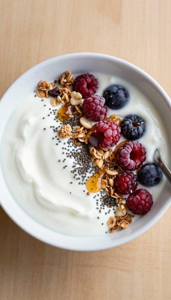 Classic Berry Yogurt Bowl with granola and honey