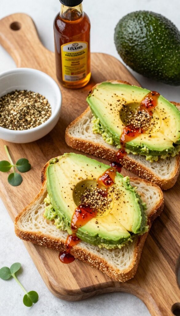 Avocado toast artisan kit with everything bagel seasoning and chili oil on a wooden board