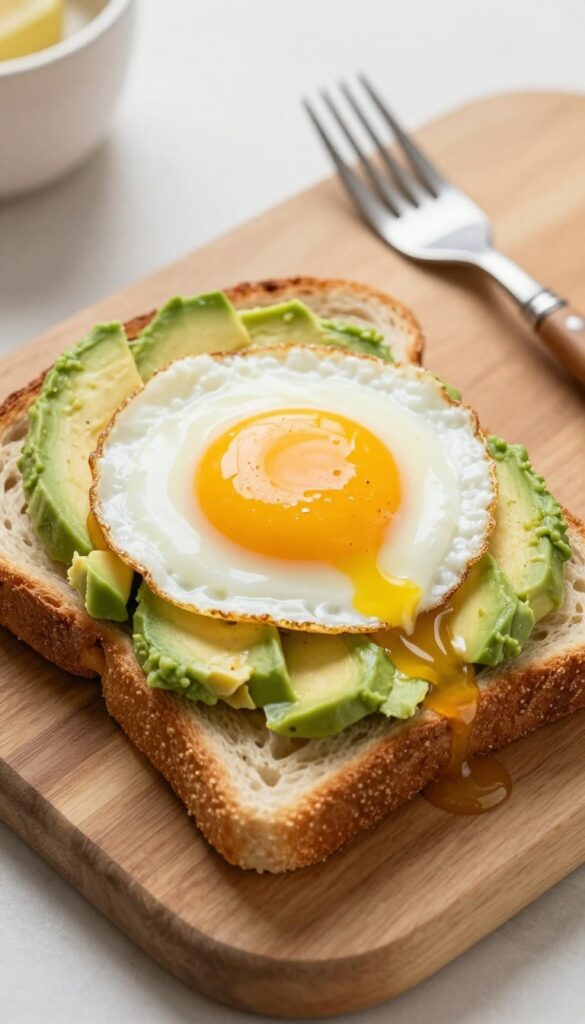 Avocado and fried egg toast with hot honey drizzle on a wooden board