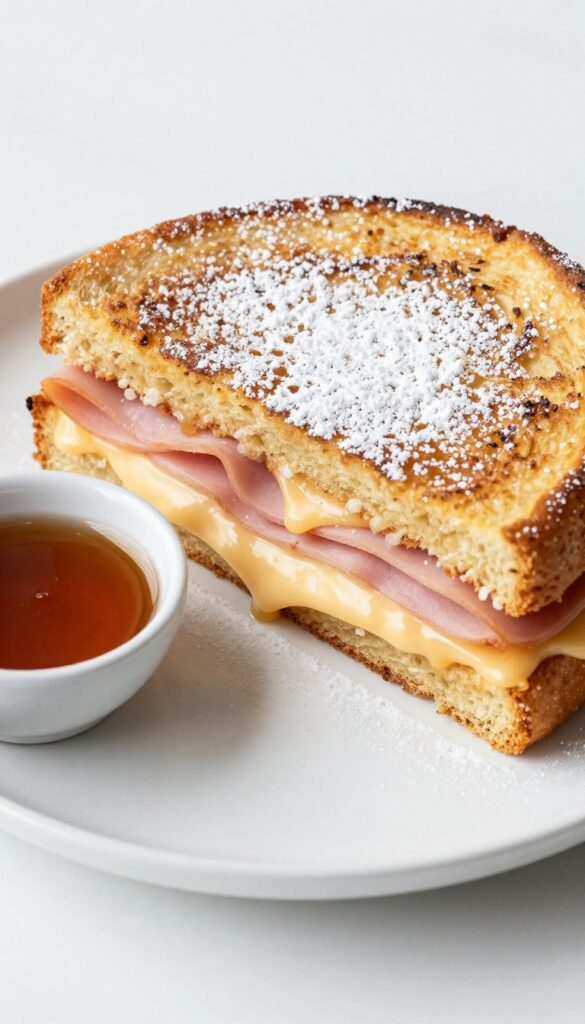 Monte Cristo French toast sandwich with powdered sugar and maple syrup