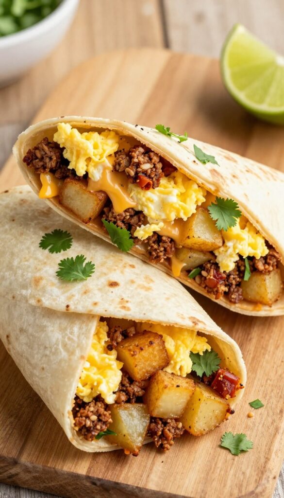 Mexican breakfast burrito with chorizo and potatoes, cut in half, on a wooden table with lime and cilantro