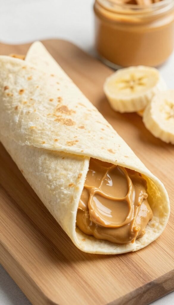Peanut butter banana wrap cut in half on a wooden board with banana slices and peanut butter jar nearby.