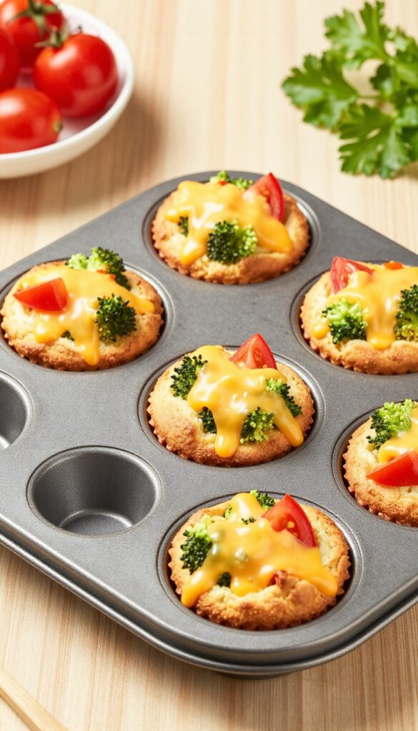 Egg muffin cups with vegetables in a muffin tin on a wooden table