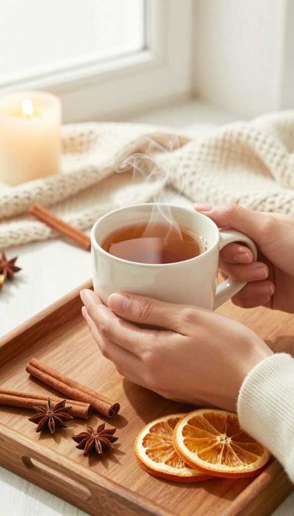 Morning tea ritual with warm fall spices and soft morning light