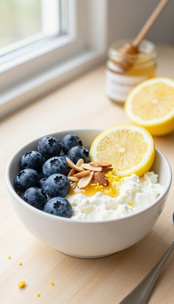 Cottage cheese and blueberry lemon breakfast bowl with honey and almonds