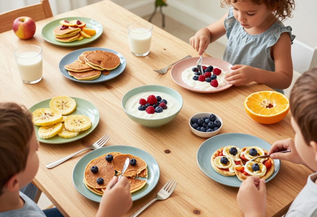 Toddler breakfast spread with banana pancakes, yogurt parfait, and mini bagel pizzas on a wooden table.