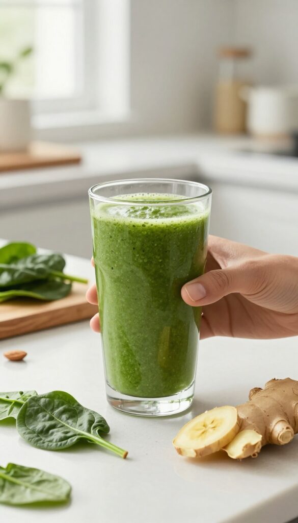 Hands holding a green smoothie with fresh ginger on a kitchen counter