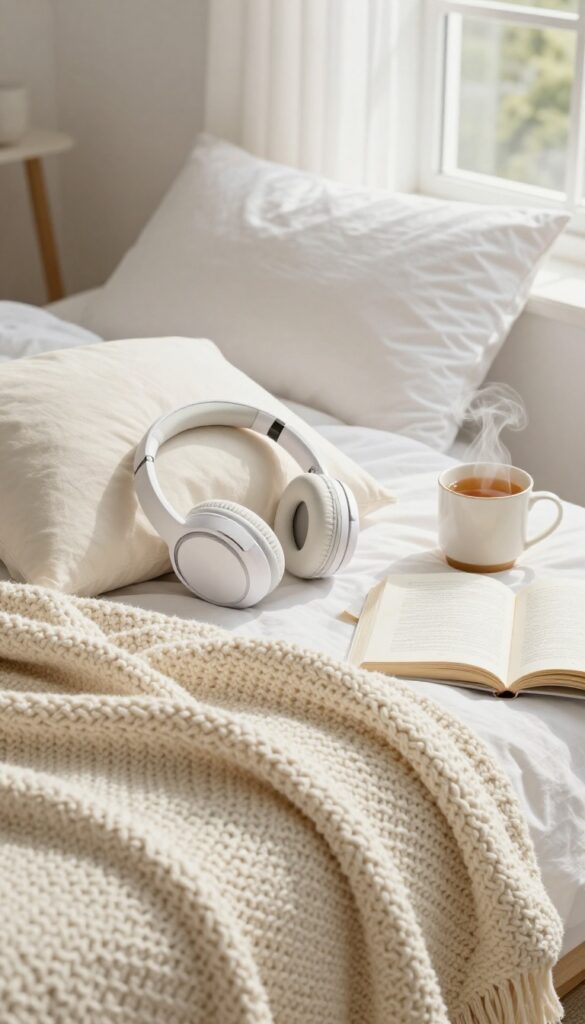 White noise-canceling headphones on a cozy bed with a mug of tea and a book