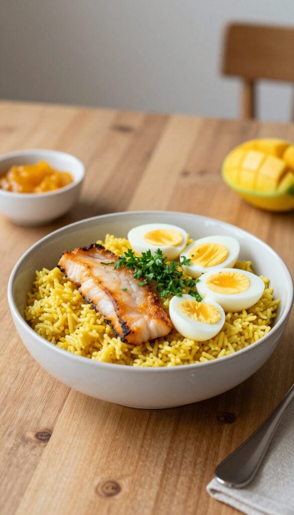 A bowl of kedgeree with smoked haddock, rice, and hard-boiled eggs on a wooden table, garnished with parsley and lemon.