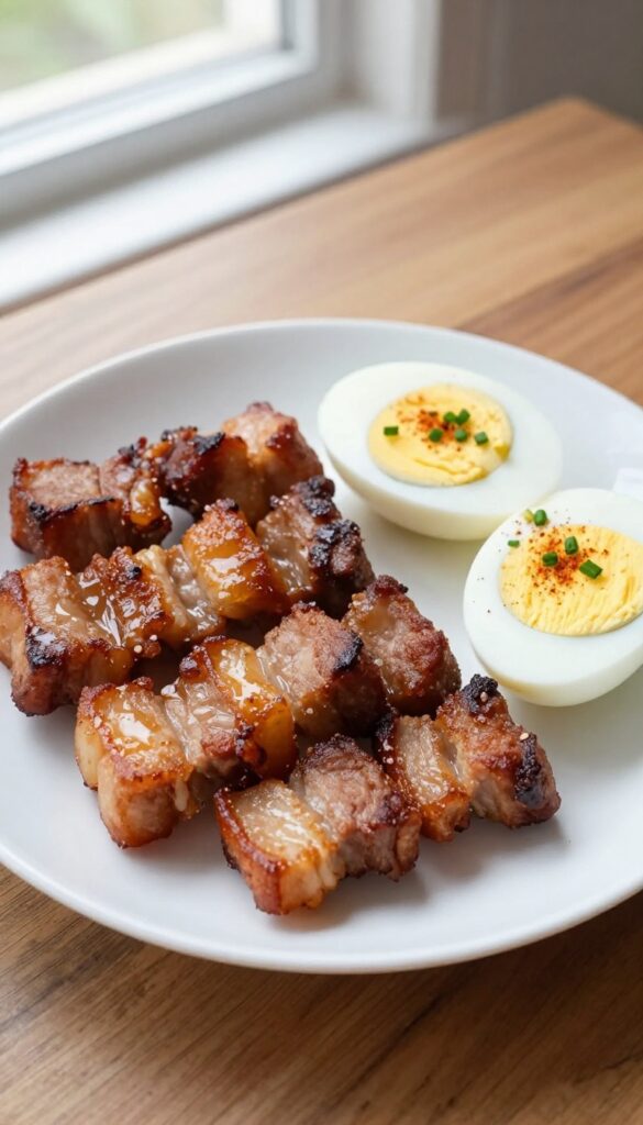 Crispy pork belly bites and deviled eggs on a white plate, rustic table setting, bright natural light.