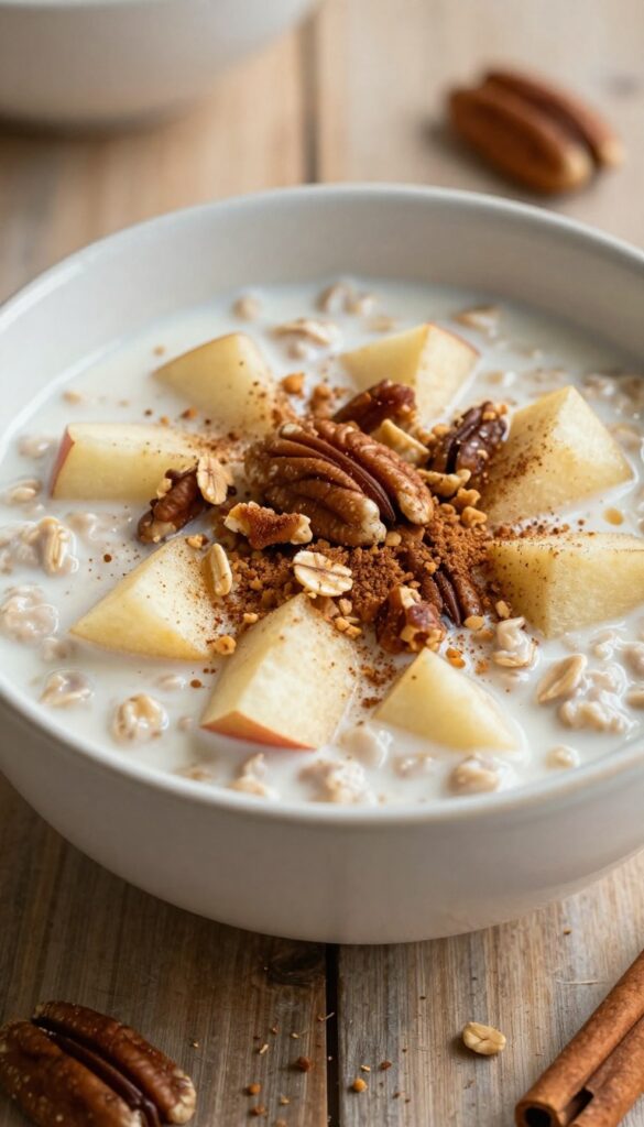 A bowl of apple cinnamon oatmeal topped with maple pecan crunch, with warm milk drizzled over, on a wooden table in soft morning light.