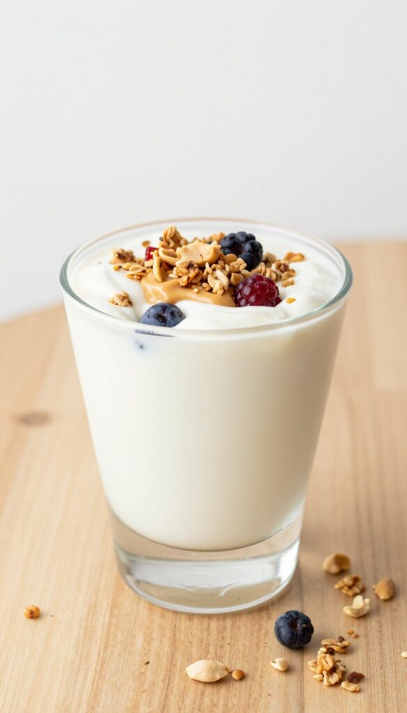 Peanut butter and granola parfait in a glass with berries