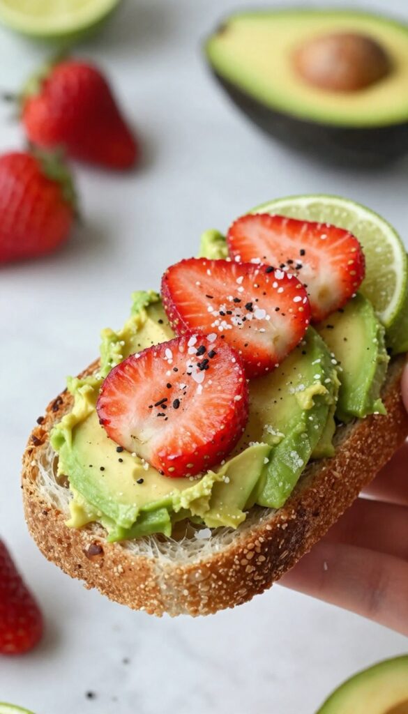 Strawberry avocado toast on whole-grain bread, topped with sliced strawberries and lime, held by a hand in natural light.