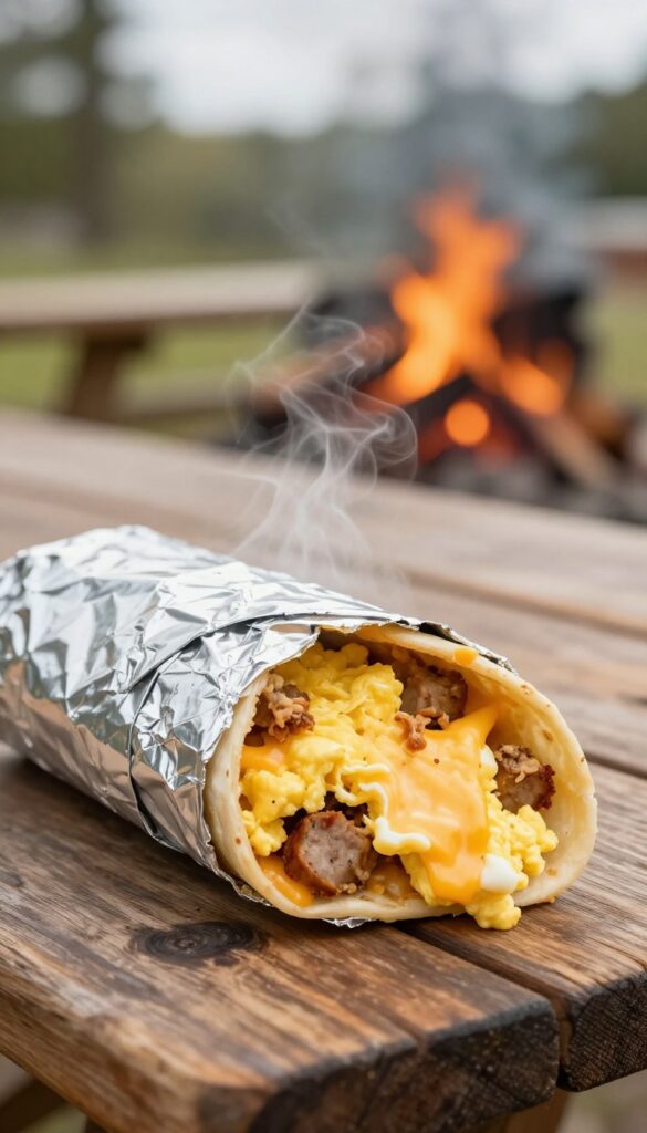 Campfire breakfast burrito with eggs, sausage, and cheese unwrapped on a wooden table by a campfire.