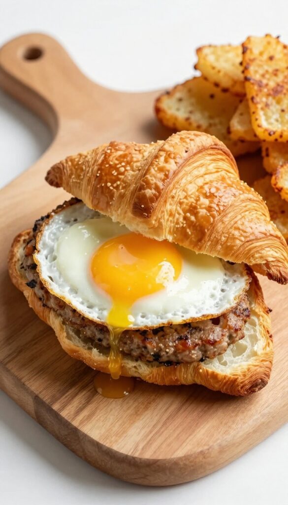 Sausage, egg, and hash brown croissant sandwich on a wooden board.