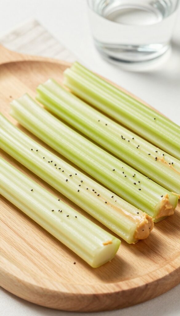 Celery sticks with peanut butter and chia seeds on a wooden plate.