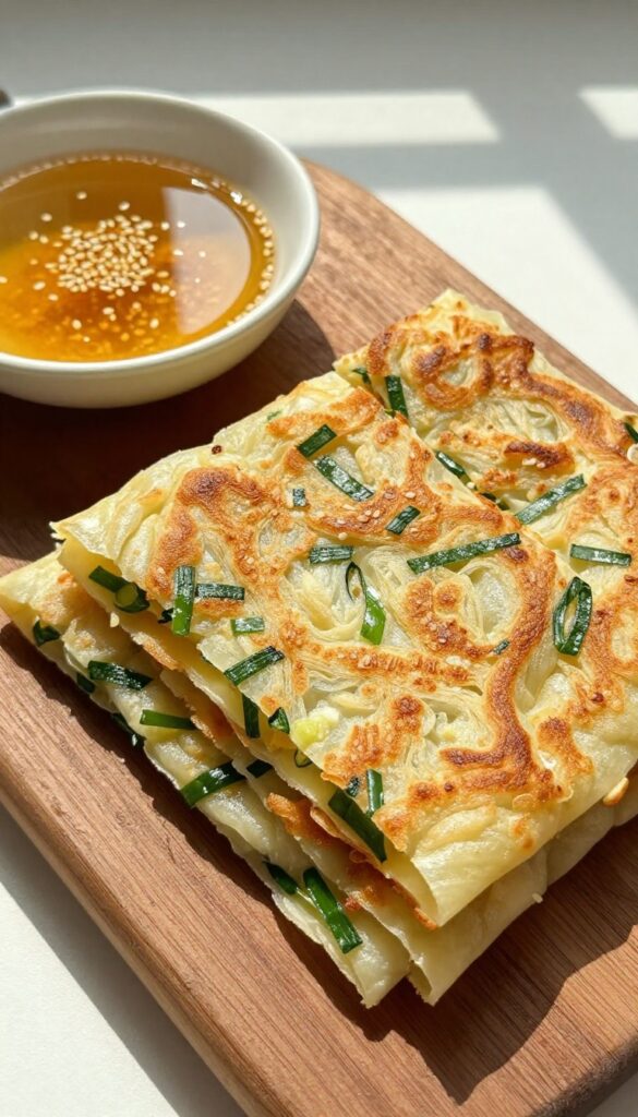 Golden Chinese scallion pancake wedges with dipping sauce on a wooden board