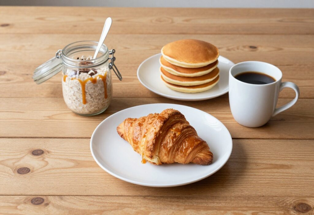 A spread of travel breakfast items on a wooden table including a croissant sandwich, overnight oats, pancake bites, and coffee.
