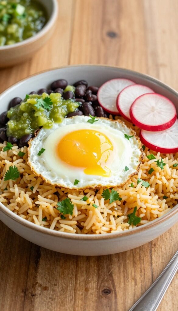 Mexican rice bowl with fried egg, black beans, salsa verde, and radishes