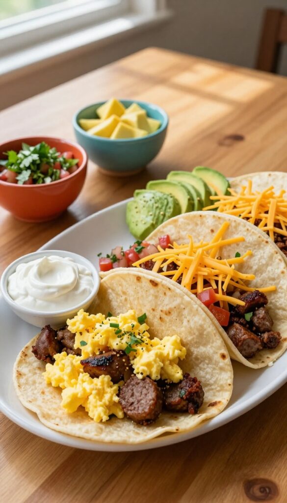 Breakfast taco bar with eggs, sausage, tortillas, and fresh toppings on a wooden table