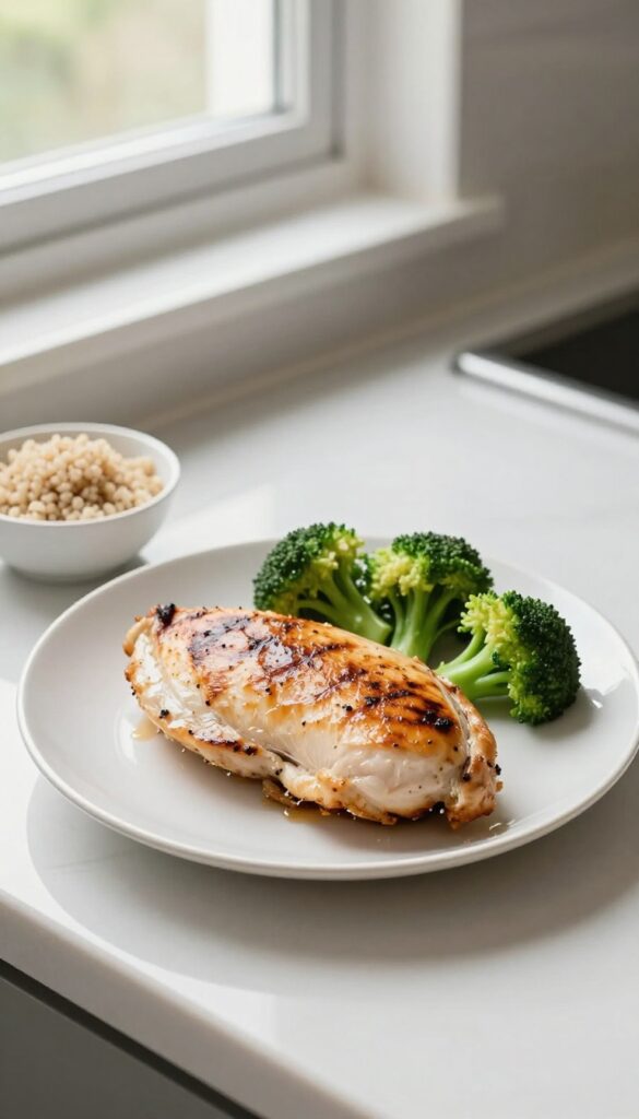 Grilled chicken breast with broccoli and quinoa on a plate in a sunlit kitchen