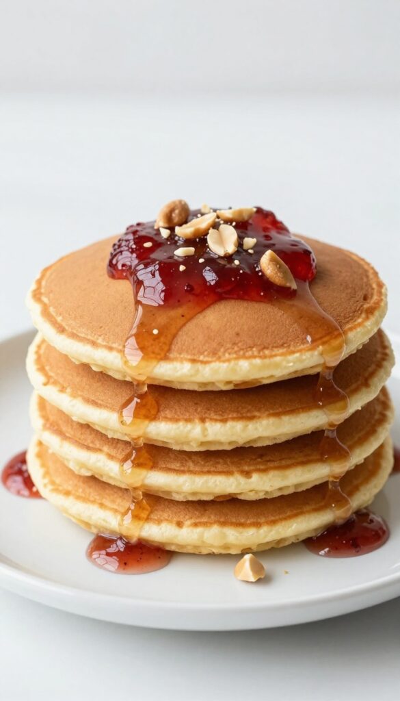 Stack of peanut butter and jelly pancakes with jam and syrup